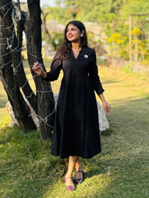 Black Petal Cotton Flax Dress With Hand Stitched Flower