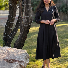 Black Petal Cotton Flax Dress With Hand Stitched Flower