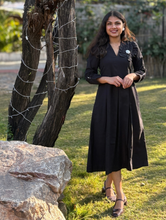Black Petal Cotton Flax Dress With Hand Stitched Flower