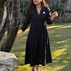Black Petal Cotton Flax Dress With Hand Stitched Flower