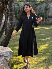 Black Petal Cotton Flax Dress With Hand Stitched Flower