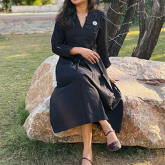Black Petal Cotton Flax Dress With Hand Stitched Flower