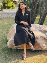 Black Petal Cotton Flax Dress With Hand Stitched Flower