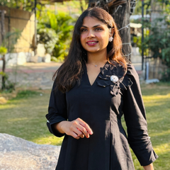Black Petal Cotton Flax Dress With Hand Stitched Flower