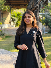 Black Petal Cotton Flax Dress With Hand Stitched Flower