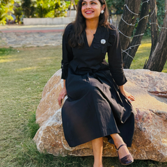 Black Petal Cotton Flax Dress With Hand Stitched Flower