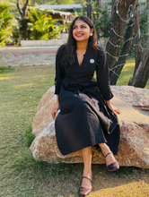 Black Petal Cotton Flax Dress With Hand Stitched Flower