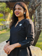 Black Petal Cotton Flax Dress With Hand Stitched Flower