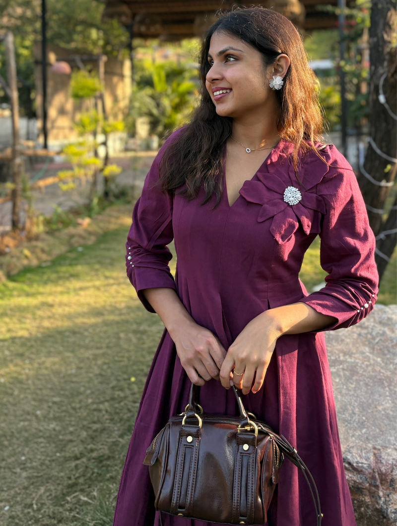Wine Petal Cotton Flax  Dress With Hand Stitched Flower
