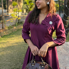 Wine Petal Cotton Flax  Dress With Hand Stitched Flower