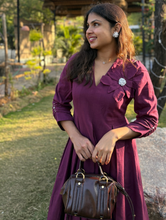 Wine Petal Cotton Flax  Dress With Hand Stitched Flower