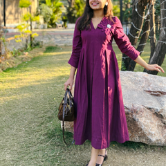 Wine Petal Cotton Flax  Dress With Hand Stitched Flower
