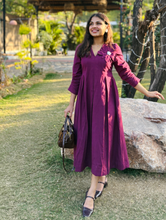 Wine Petal Cotton Flax  Dress With Hand Stitched Flower