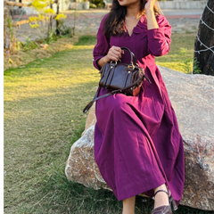 Wine Petal Cotton Flax  Dress With Hand Stitched Flower