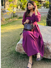 Wine Petal Cotton Flax  Dress With Hand Stitched Flower