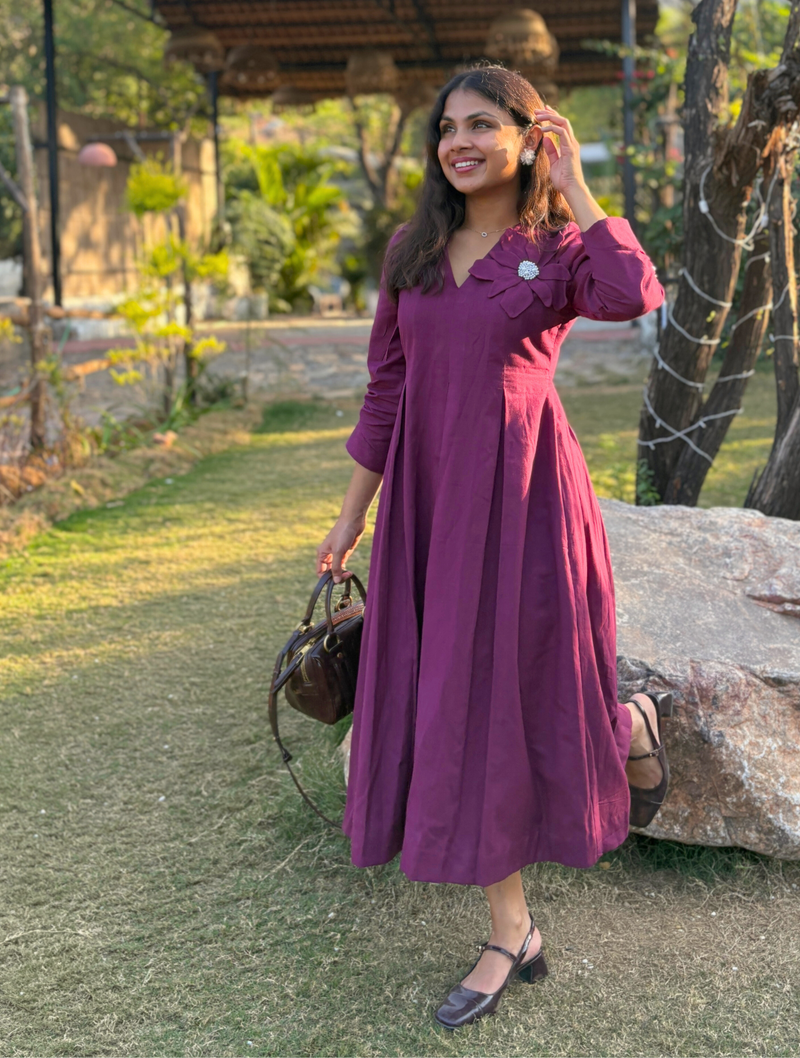 Wine Petal Cotton Flax Dress With Hand Stitched Flower