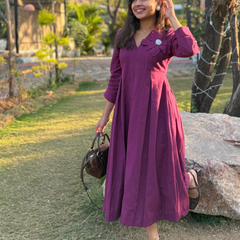 Wine Petal Cotton Flax  Dress With Hand Stitched Flower