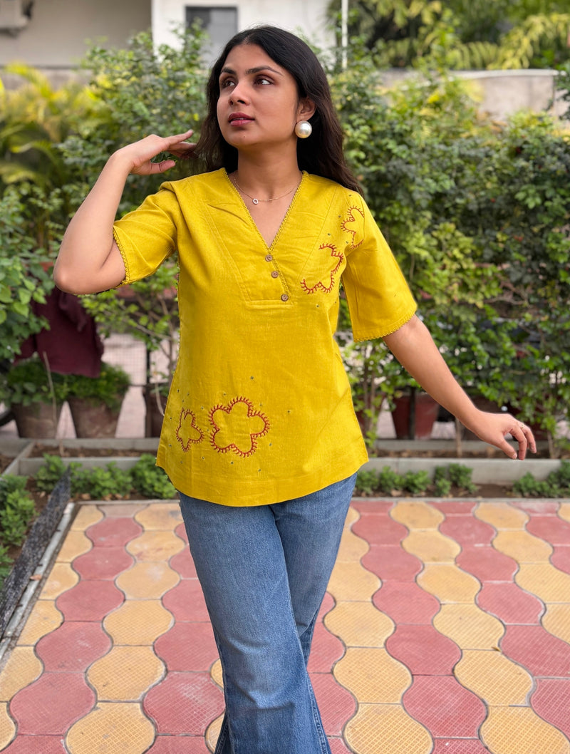 Hand Embroidered Cotton Flax Mango Bite Top