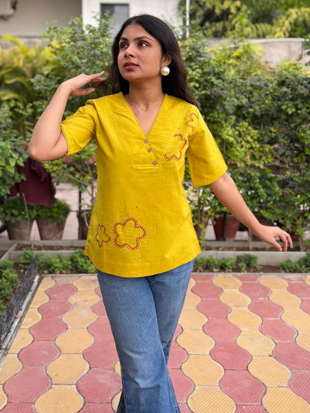 Hand Embroidered Cotton Flax Mango Bite Top