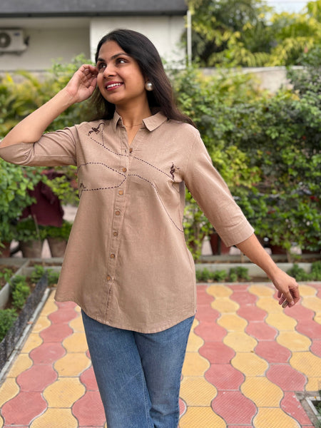 Charcoal Bird Hand Embroidered Cotton Flax Top