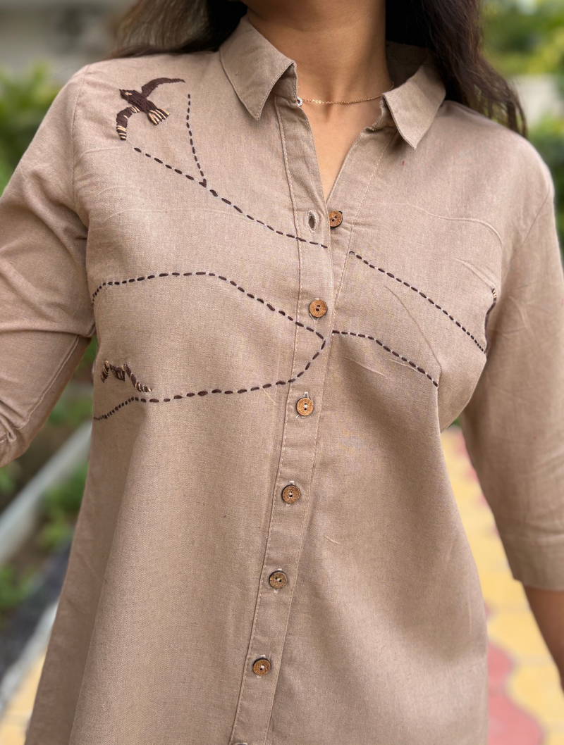 Charcoal Bird Hand Embroidered Cotton Flax Top