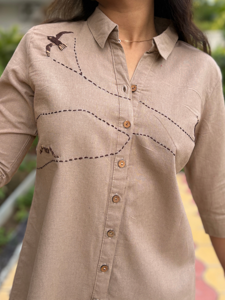 Charcoal Bird Hand Embroidered Cotton Flax Top