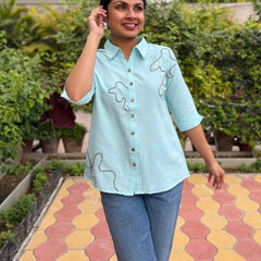 Minty Doodle Hand Embroidered Cotton Flax Top