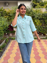 Minty Doodle Hand Embroidered Cotton Flax Top