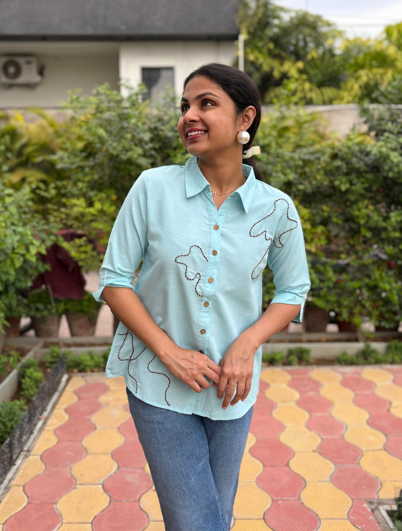 Minty Doodle Hand Embroidered Cotton Flax Top