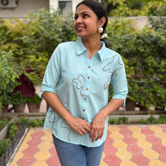 Minty Doodle Hand Embroidered Cotton Flax Top
