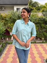 Minty Doodle Hand Embroidered Cotton Flax Top