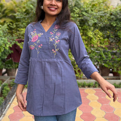 Grey Slate Embroidered Cotton Flax Top