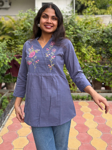 Grey Slate Embroidered Cotton Flax Top