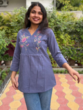 Grey Slate Embroidered Cotton Flax Top