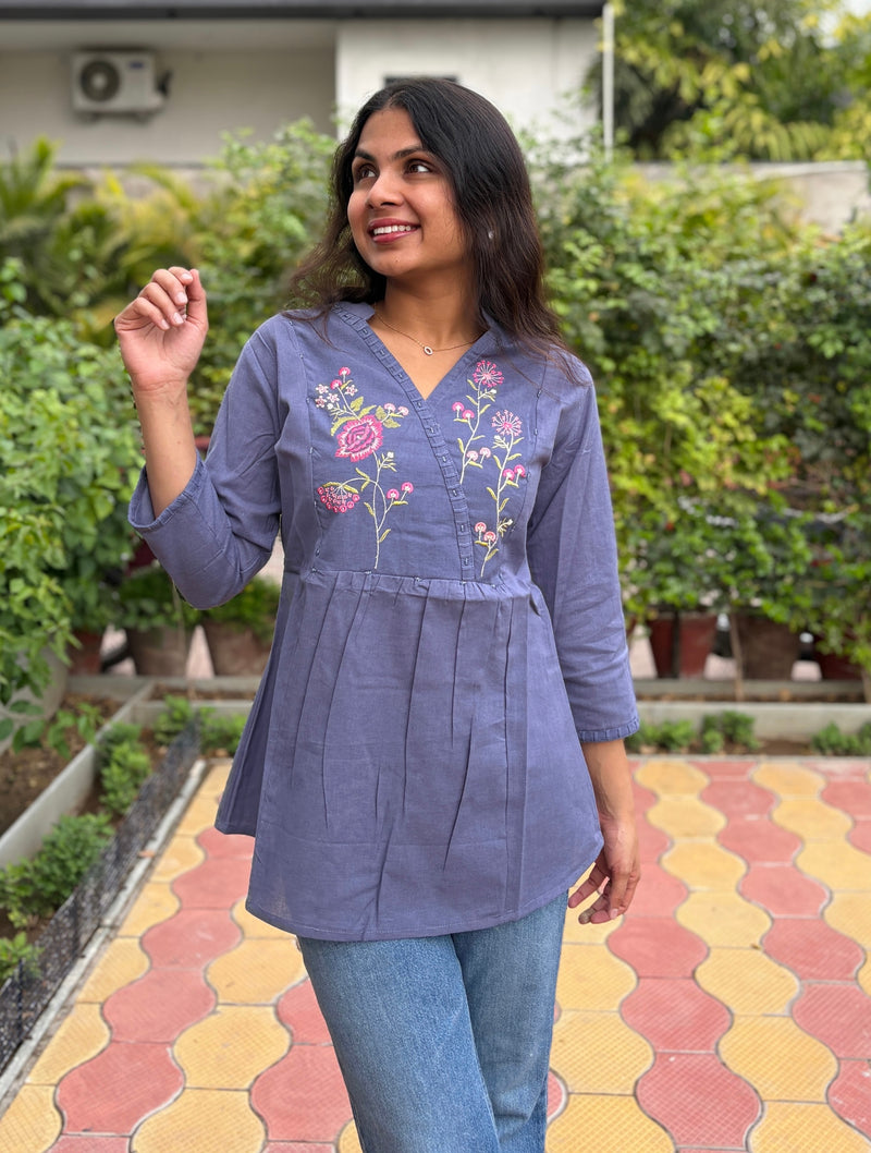 Grey Slate Embroidered Cotton Flax Top