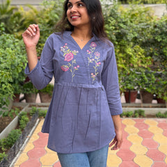 Grey Slate Embroidered Cotton Flax Top