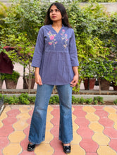 Grey Slate Embroidered Cotton Flax Top