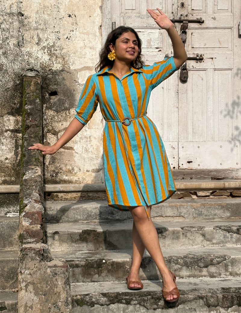 Turquoise Mustard Stripe Shirt Dress
