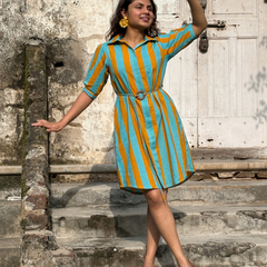 Turquoise Mustard Stripe Shirt Dress