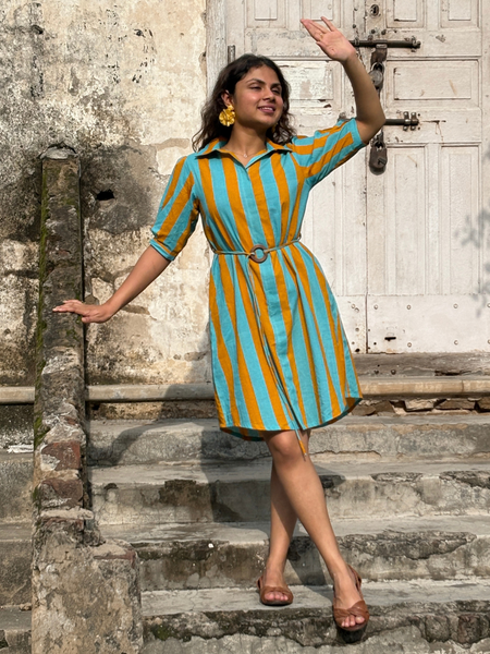 Turquoise Mustard Stripe Shirt Dress