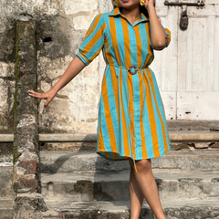 Turquoise Mustard Stripe Shirt Dress