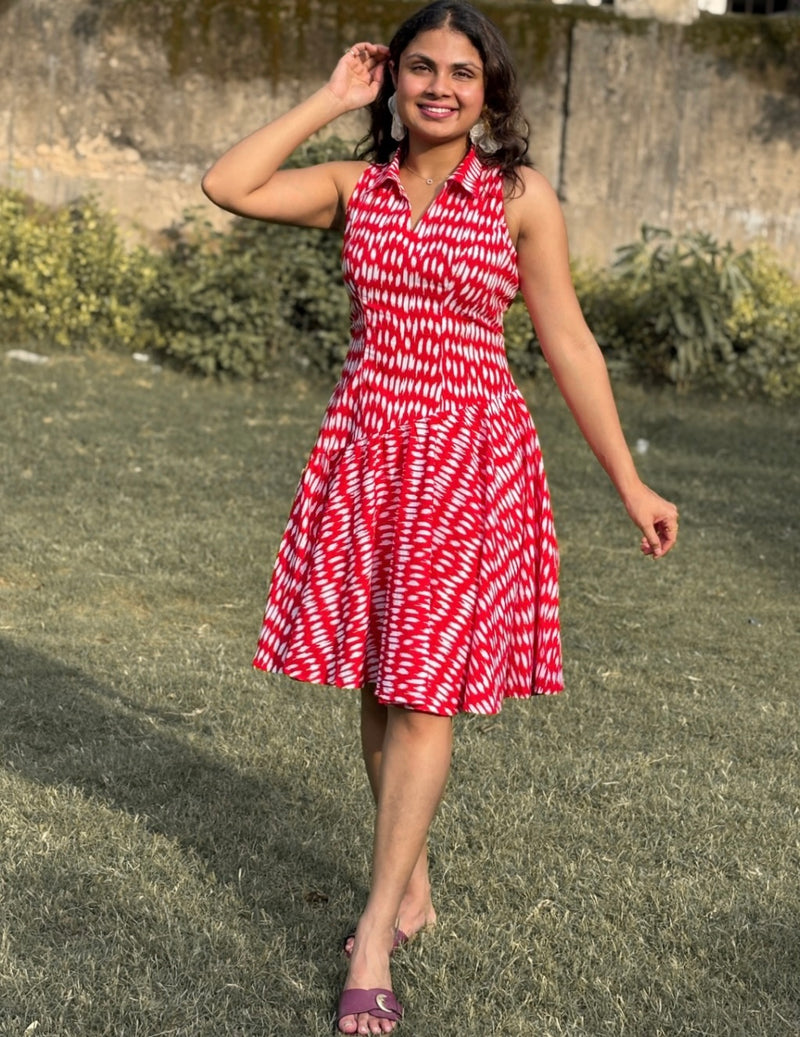 Red Bandhani Print Flared Dress