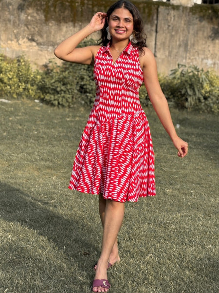 Red Bandhani Print Flared Dress