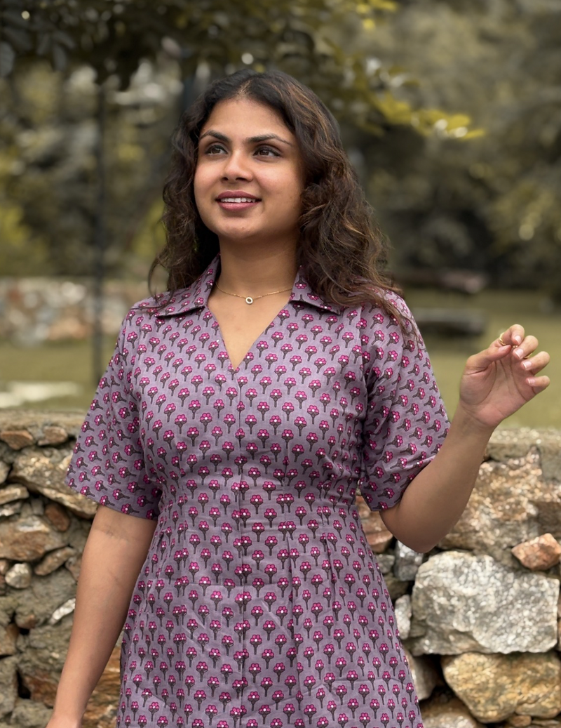Mauve Printed Shirt Collar A-Line Dress