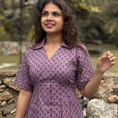 Mauve Printed Shirt Collar A-Line Dress