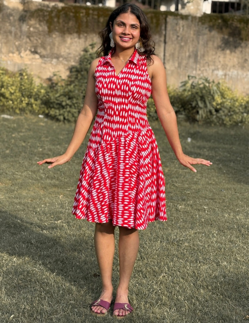 Red Bandhani Print Flared Dress