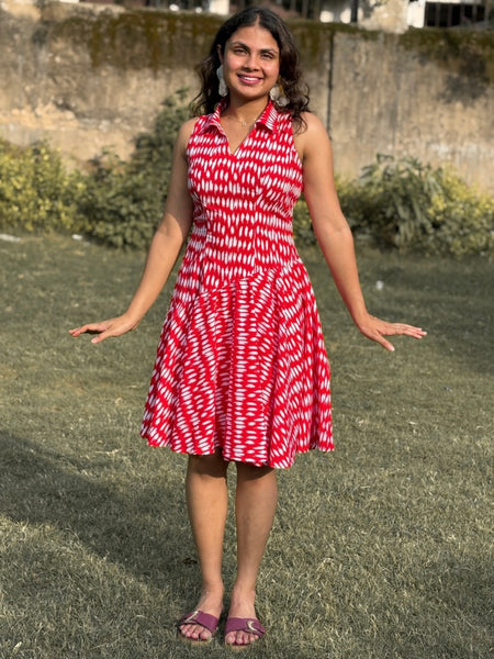 Red Bandhani Print Flared Dress