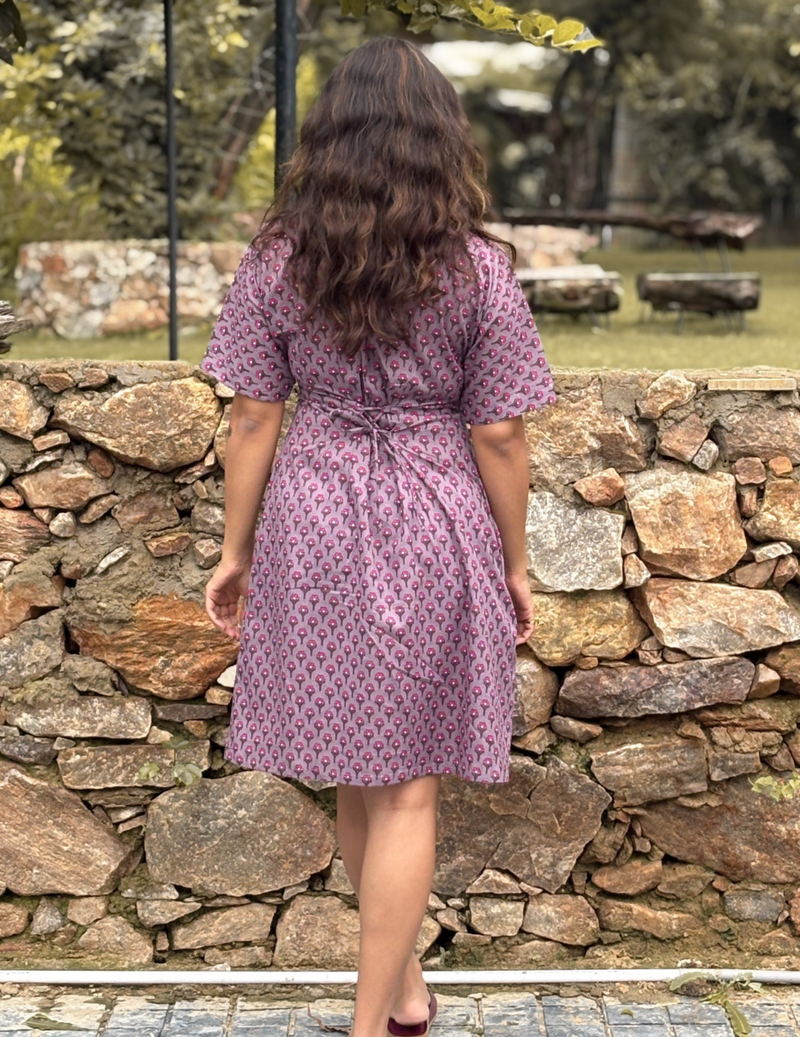 Mauve Printed Shirt Collar A-Line Dress