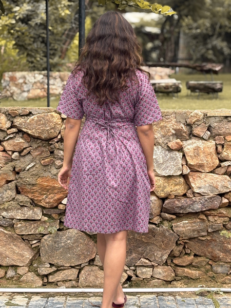 Mauve Printed Shirt Collar A-Line Dress