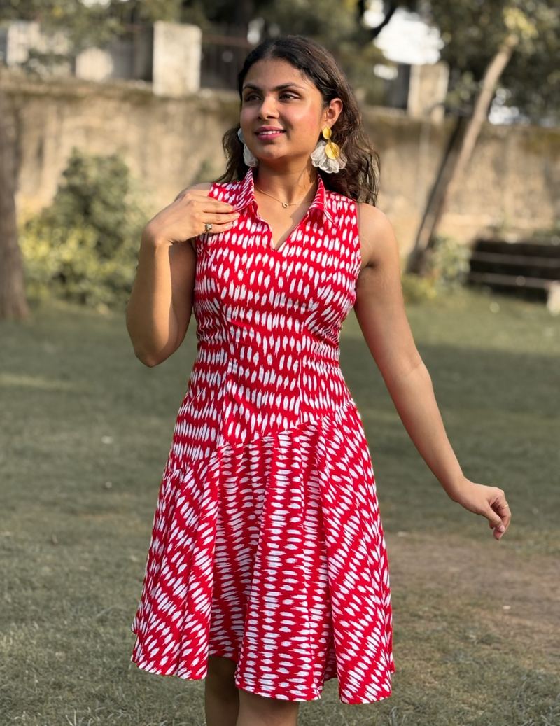 Red Bandhani Print Flared Dress